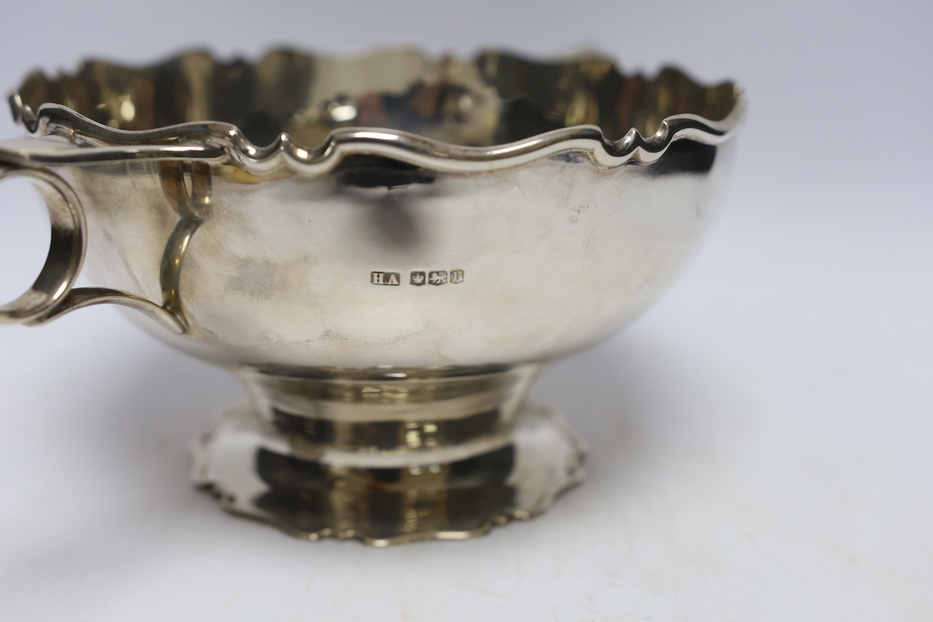A George V silver two handled fruit bowl, by Atkin Brothers , Sheffield, 1919, 31cm over handles, 20oz.
